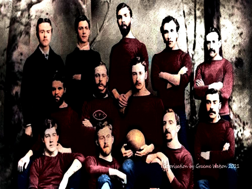 Aberdeen Football Club Team Photo 1881-82: Original B&W picture - No copyright - attached - Colorisation by Graeme Watson 2021.