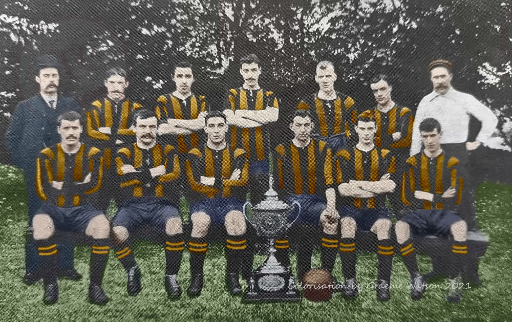 Aberdeen F.C. 1904-05 with Scottish Qualifying Cup, Original B&W picture - No copyright - attached. Colorisation by Graeme Watson 2021. 