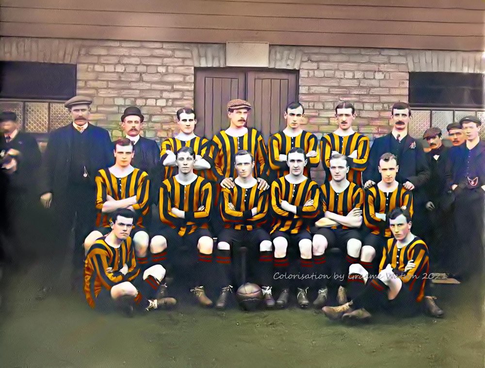 Aberdeen F.C. 1907-08 - No copyright - attached. Colorisation by Graeme Watson 2021.