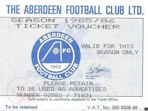 Aberdeen Football Club Ltd, 1985-86 Ticket Voucher