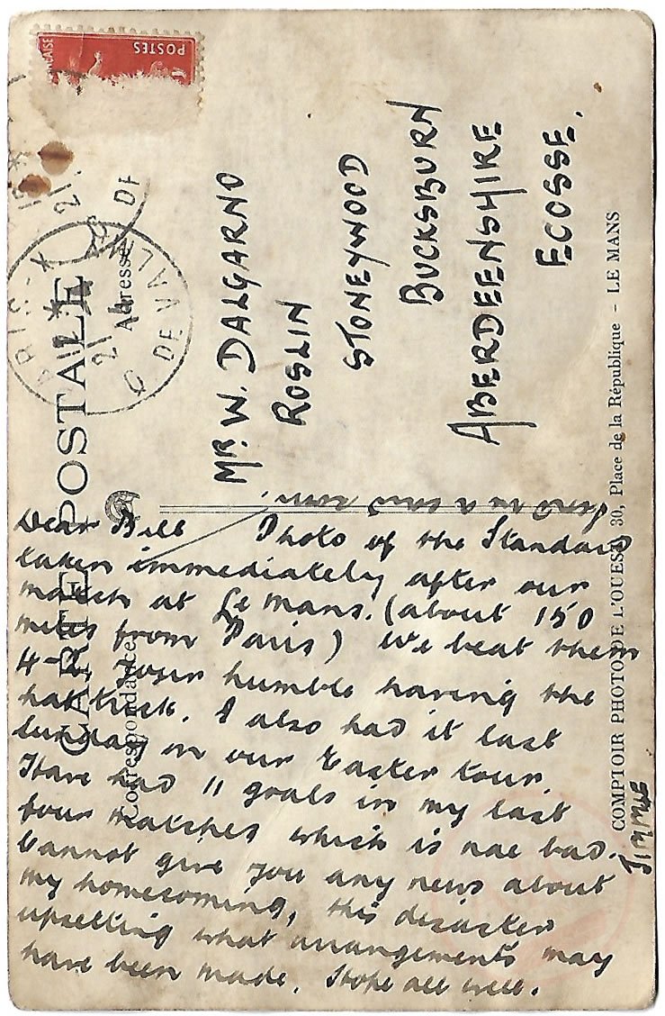 From Graeme Watson's personal collection, James 'Jimmy' Dalgarno, Postcard, dated 21 Apr 1914.
