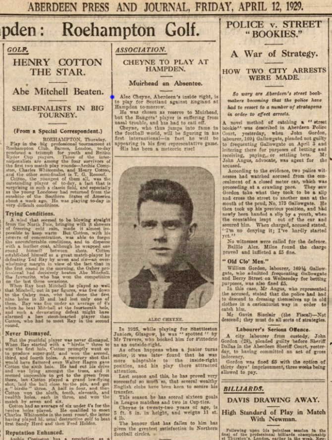 Alec Cheyne selected to play for Scotland versus England at Hampden, Newspaper Article - Courtesy of Derek Walker.