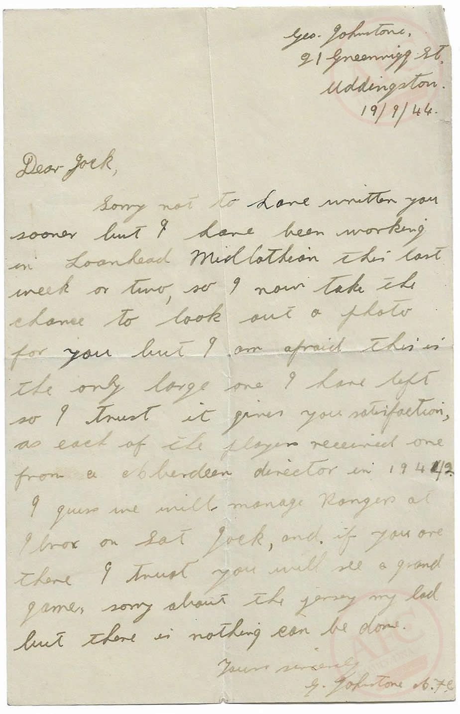 From Graeme Watson's personal collection, George Johnstone, Letter, dated 19 Sep 1944.