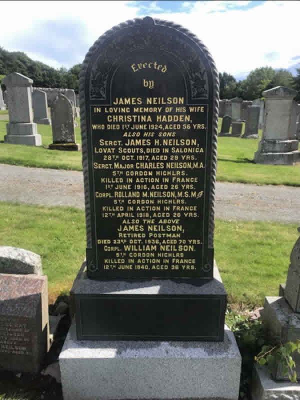 Sgt: James Hadden Neilson, grave stone, Ellon Cemetery, Aberdeenshire, Scotland - Courtesy of Fiona McKibbin.