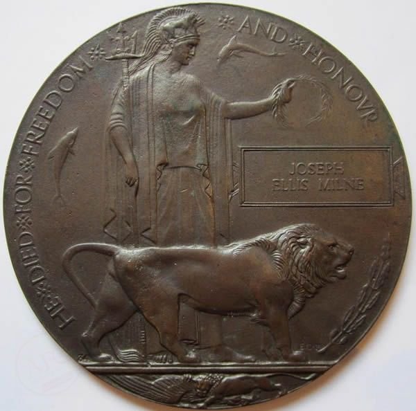 Captain: Joseph Ellis Milne M.A. M.D. D.S.O. (R.A.M.C.), Memorial Plaque, 'Dead Man’s Penny' - Courtesy of Nancy Wright.