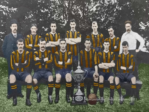 Aberdeen Football Club 1904-05, Team Photo - original B&W picture - No copyright - attached - Colorisation by Graeme Watson 2021.