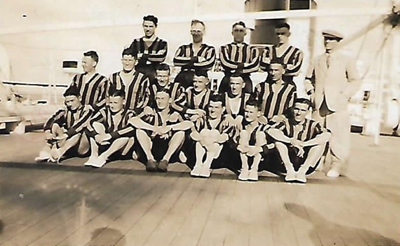Aberdeen FC’s 1937 tour party pictured on the deck of ‘Stirling Castle’ ship
Back Row (left to right) – George Johnstone, Bob Fraser (skipper), Billy Scott (Father of Aberdeen striker Jocky),
George Thomson, Donald Colman (trainer).
Middle – Johnny Lang, Willie Cooper, Bob Temple, Eddie Falloon, Johnny McKenzie.
Front – Matt Armstrong, Willie Mills, Herbert Currer, Jackie Beynon, Billy Strauss, Frank Dunlop. Aberdeen FC’s 1937 tour party - From Graeme Watson's personal collection, of rare personal Photos of Aberdeen Football Club's, Tour of South Africa 1937 - Copyright © 2020 Graeme Watson.