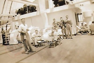 On board ‘Stirling Castle’ ship havin a cuppa. On board ‘Stirling Castle’ship - From Graeme Watson's personal collection, of rare personal Photos of Aberdeen Football Club's, tour of South Africa 1937 - Copyright © 2020 Graeme Watson.