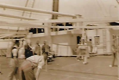 On board ‘Stirling Castle’ ship, playing Badmington. On board ‘Stirling Castle’ ship - From Graeme Watson's personal collection, of rare personal Photos of Aberdeen Football Club's, tour of South Africa 1937 - Copyright © 2020 Graeme Watson.