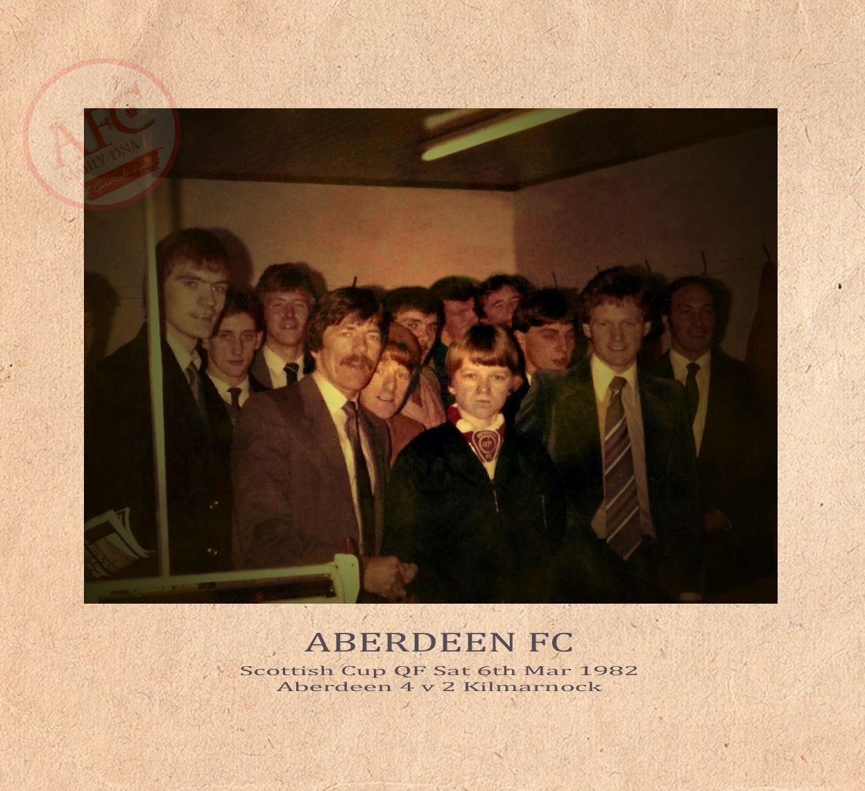 Scottish Cup QF Sat 6th Mar 1982, Aberdeen 4 v 2 Kilmarnock, Pittodrie Stadium home home dressing room just out of view Doug Bell, Jim Leighton, Derek Hamilton, Neil Simpson, Stuart Kennedy shaking hands with Graeme Watson, Gordon Strachan, Andy Watson, Alex McLeish, Steve Cowan, John Hewitt, John McMaster and Drew Jarvie - Copyright © 2019 Graeme Watson.