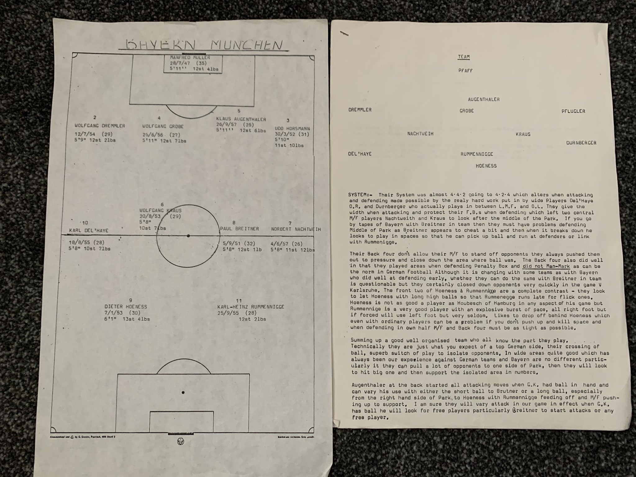 A system of play scouting report prepared by Archie Knox ahead of Aberdeen’s 3-2 aggregate win over Bayern Munich to reach the UEFA Cup Winners’ Cup Semi Finals - Courtesy of Neil Simpson from his personal collection.