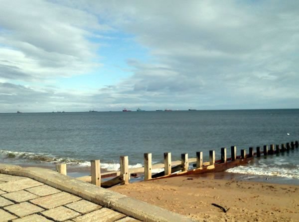 View to beach and North Sea from the Aberdeen foreshore, next to the Beach Ballroom, 2015. View to beach and North Sea from the Aberdeen foreshore, next to the Beach Ballroom, 2015 - Copyright © 2015 Graeme Watson